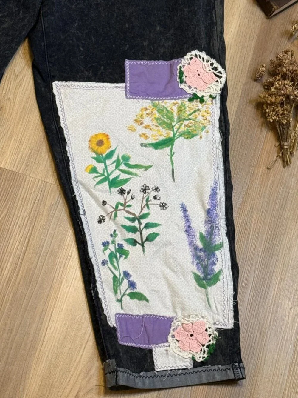 Upcycled Hand Painted Botanical Floral Patchwork Cropped Baggy Jeans